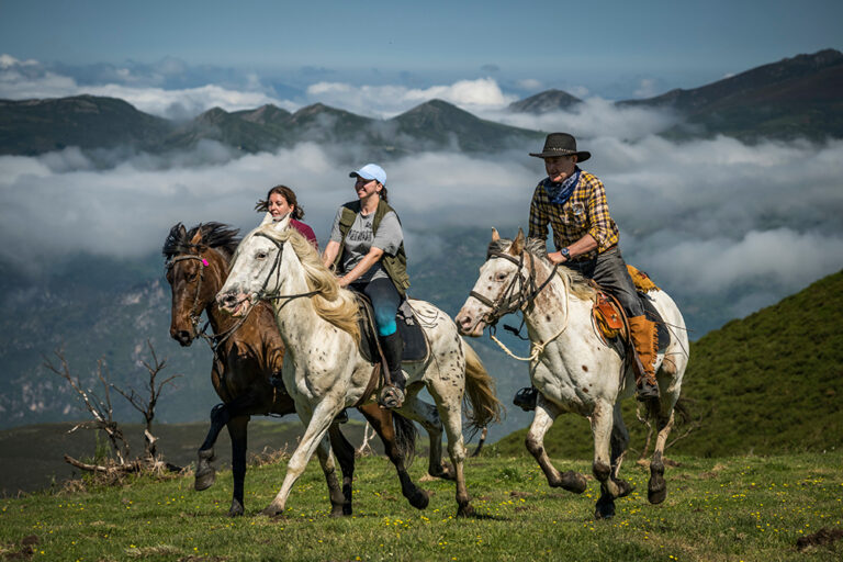 Asturias, Spain, June 2022. Riding the Camín Real de la Mesa on horseback with Avelino Ardura, a local Vaqueiro and Horseriding guide. The Vaqueiros de Alzada are a northern Spanish nomadic people that once roamed the mountains of Asturias with their cattle. This section of the route continues along the old Roman road through the Concejo de Belmonte, and is a good example of 'off the beaten track. The route passes through fields, hills and meadows we are more likely to meet wolves or wranglers than hikers. In Asturias the steep Cantabrian Mountains, with their rolling green valleys meet the coastline where they abruptly drop off into the deep blue Cantabrian Sea. Bears & Waves presents a 100% tailor-made travel program that invites you to explore the natural diversity of the Spanish region of Asturias. Photo by Frits Meyst / MeystPhoto.com